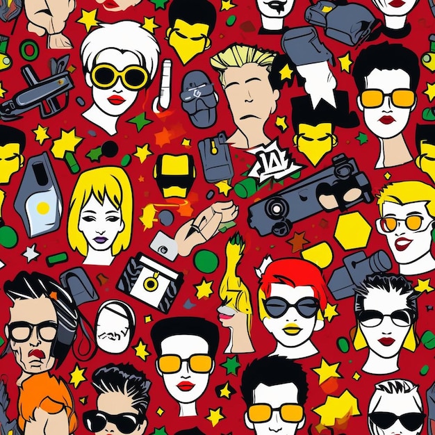 Kolorowy kolaż przedstawiający ludzi z różnymi wyrazami twarzy i czerwonym tłem.