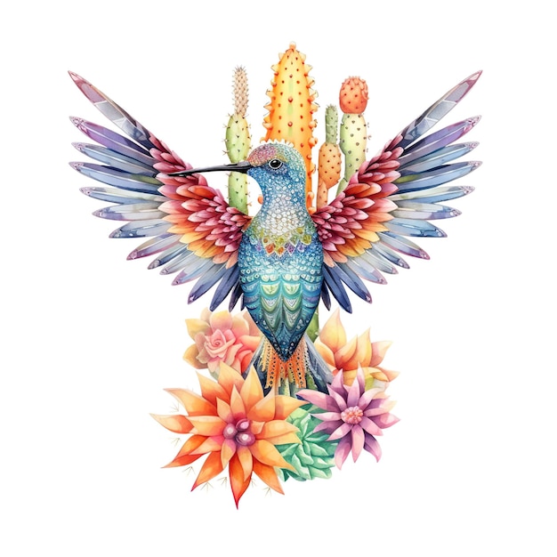 Kolorowy koliber z kaktusem i kwiatami na białym tle generatywnego obrazu ai
