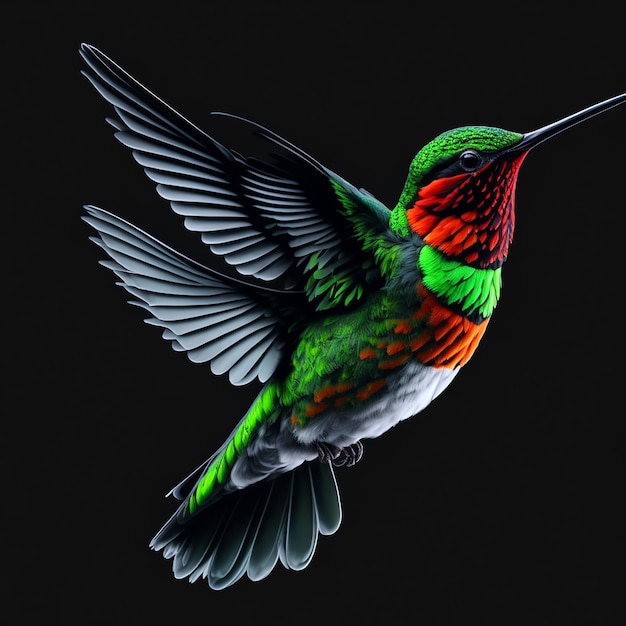 Kolorowy koliber z zielonymi, czerwonymi i złotymi skrzydłami.