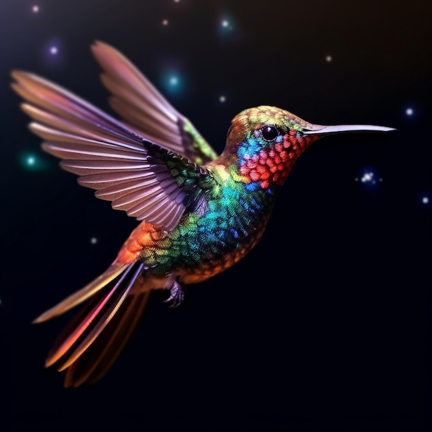 Zdjęcie kolorowy kolibri z kolorową głową i skrzydłami lata na niebie.