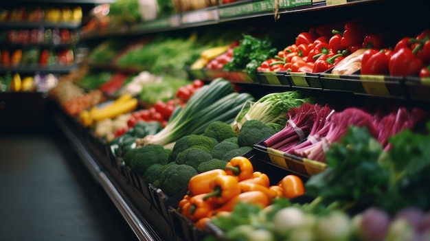 Kolorowy korytarz supermarketu z świeżymi warzywami różnorodny asortyment produktów sprzedaż zakupów