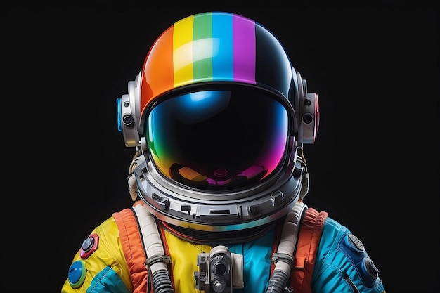 Kolorowy kosmonauta z czarnym tłem i tęczą na hełmie