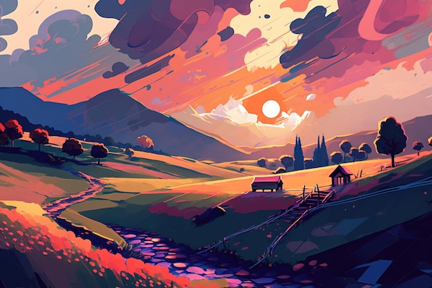 Kolorowy krajobraz z drogą prowadzącą do góry i zachodem słońca