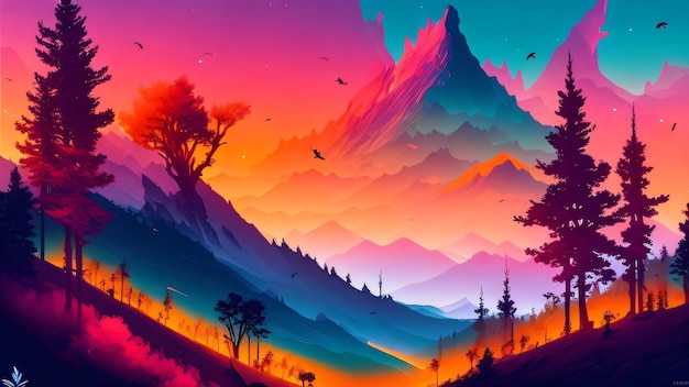 Kolorowy krajobraz z górami i drzewami w tle.