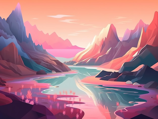 Kolorowy krajobraz z górami i rzeką na świeżym powietrzu bada ilustrację podróży