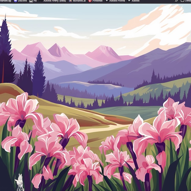 Zdjęcie kolorowy krajobraz z różowymi kwiatami i górami.