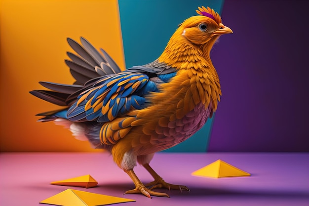 Kolorowy kurczak stojący przed kolorowym tłem generatywny ai