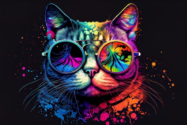 Kolorowy kwaśny kot w okularach przeciwsłonecznych ilustracji