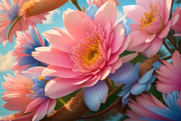 kolorowy kwiat z niebieskim i różowym kwiatkiem