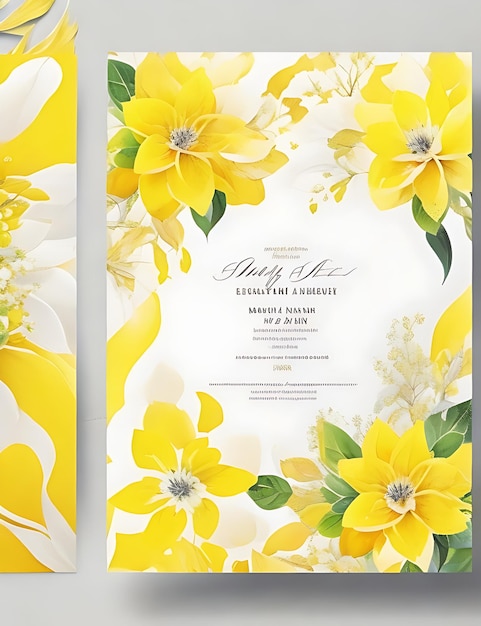 Zdjęcie kolorowy kwiatowy szablon karty zaproszenia ślubne w kolorze żółtym, elegancki projekt w formacie a4
