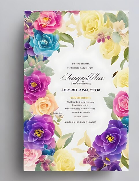 Zdjęcie kolorowy kwiatowy szablon zaproszenia ślubne inteligentny projekt z rozmiarem a4 i jakością 8k hd