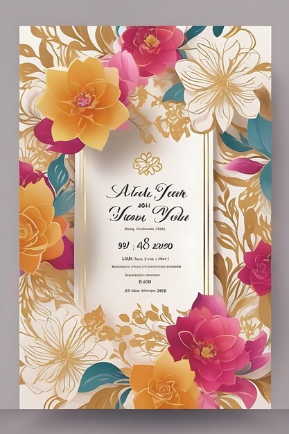 Kolorowy kwiatowy szablon zaproszenia ślubnego w złotym, eleganckim stylu w formacie A4