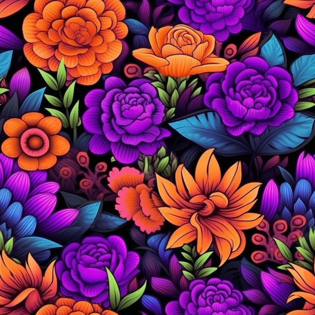 Kolorowy kwiatowy wzór z fioletowymi i pomarańczowymi kwiatami generatywnymi ai