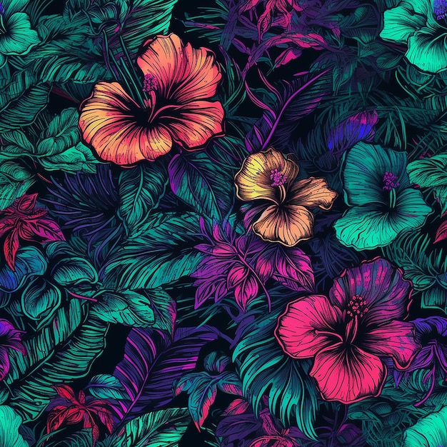 Kolorowy kwiatowy wzór z kwiatami hibiskusa.