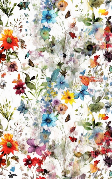 Kolorowy kwiatowy wzór z motylami i kwiatami.