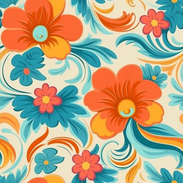 Kolorowy kwiatowy wzór z pomarańczowymi i niebieskimi kwiatami.