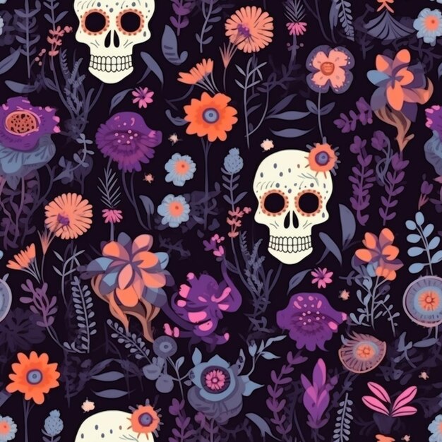 Kolorowy kwiecisty wzór z czaszkami i kwiatami na czarnym tle generatywna ai
