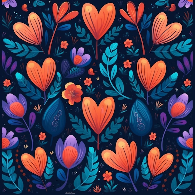Kolorowy kwiecisty wzór z sercami i kwiatami.