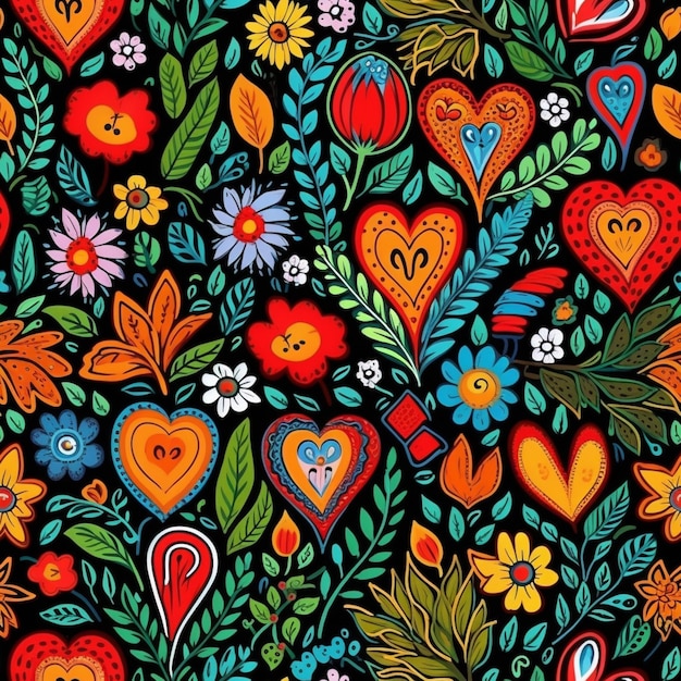 Kolorowy kwiecisty wzór z sercami i kwiatami.