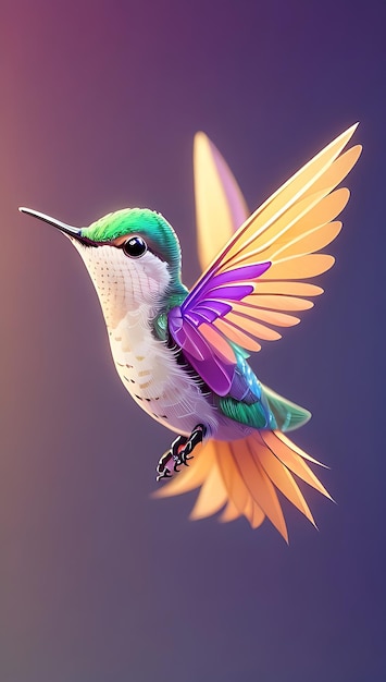 Kolorowy latający uroczy kolibri z kolorowym tłem