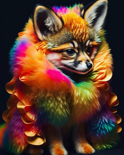 Zdjęcie kolorowy lis z długim ogonem i obrożą z napisem „jestem lisem”
