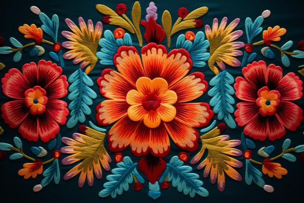 Kolorowy meksykański haft kwiatowy wzór Archiwalne tła kwiatu Ai generowane
