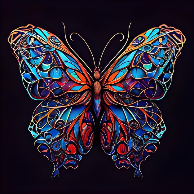 Kolorowy motyl z czarnym tłem i napisem motyl.