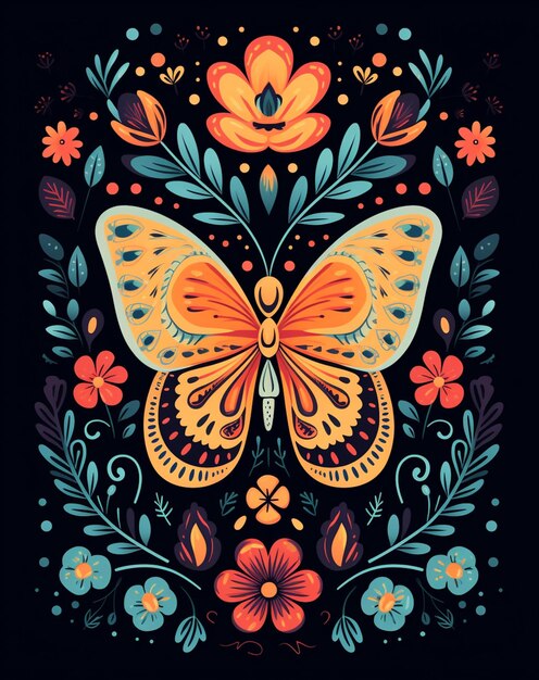 Zdjęcie kolorowy motyl z kwiatami i liśćmi generatywny ai