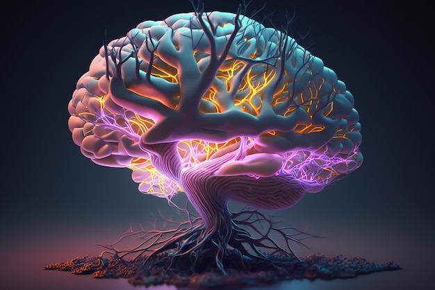 Kolorowy mózg jest oświetlony korzeniami drzew.