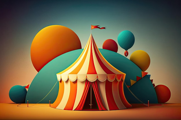 Kolorowy namiot cyrkowy z cyrkowymi rekwizytami, w tym monocyklem i żonglującymi piłkami na żywym tle Wygenerowane przez AI