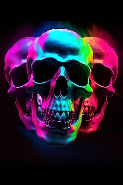 Kolorowy neonowy blask barwi czaszki na czarnym tle