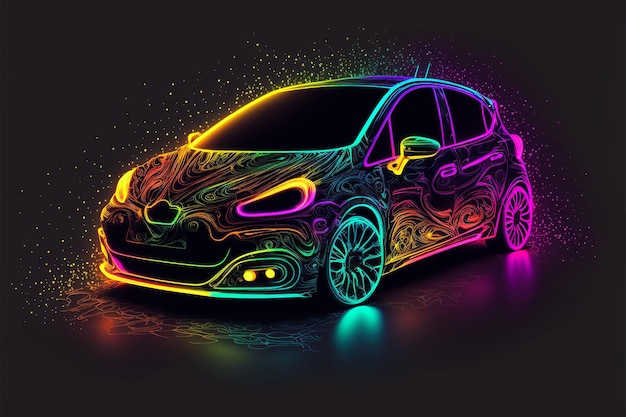 Kolorowy neonowy samochód na czarnym tle Stworzony przy użyciu technologii generatywnej AI