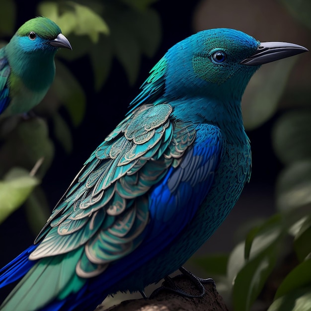 Kolorowy niebieski i zielony ptak realistyczny skomplikowany szczegół generowany przez AI