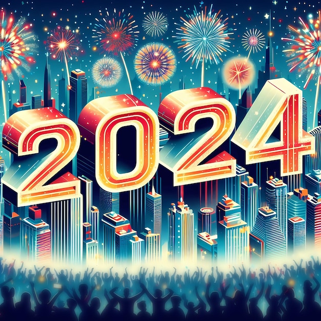 Kolorowy numer Nowego Roku 2024 na tle fajerwerków i miasta o północy