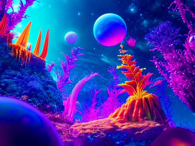 kolorowy obcy świat pełen mikroskopijnego życia blask klejnotów bogate kolory neon UV