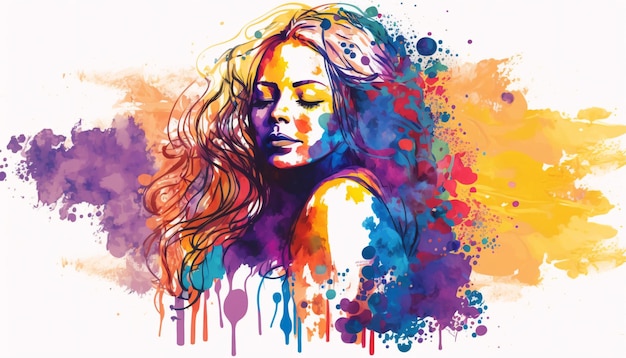 Kolorowy obraz akwareli przedstawiający kobietę z zamkniętymi oczami