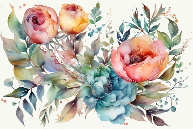 Kolorowy obraz akwarelowy przedstawiający piękny bukiet kwiatów Generative AI
