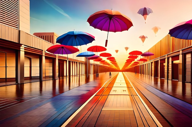 Zdjęcie kolorowy obraz centrum handlowego na świeżym powietrzu z parasolami.