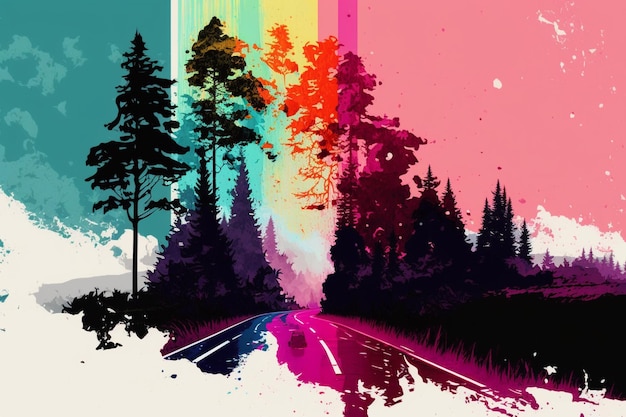 Kolorowy obraz drogi z drogą na różowym i niebieskim tle.