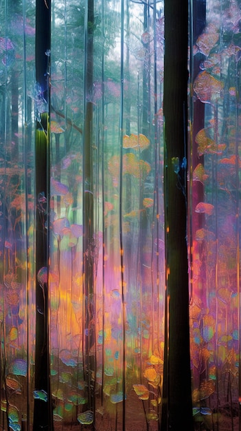 Kolorowy obraz drzew z lasem w tle.