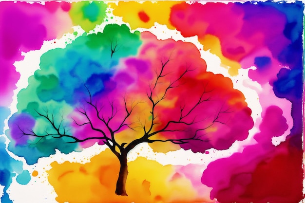Kolorowy obraz drzewa z tęczowym tłem.