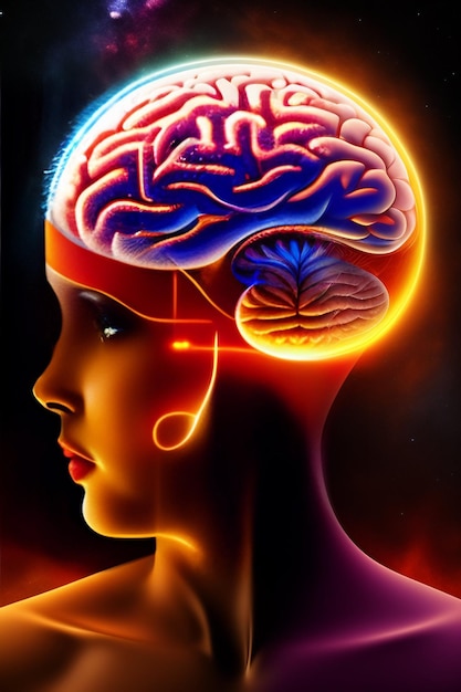Kolorowy obraz głowy kobiety ze słowem mózg.