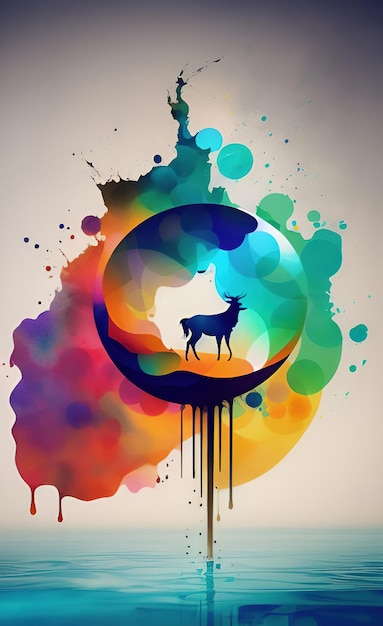 Kolorowy obraz jelenia na tęczowym tle.