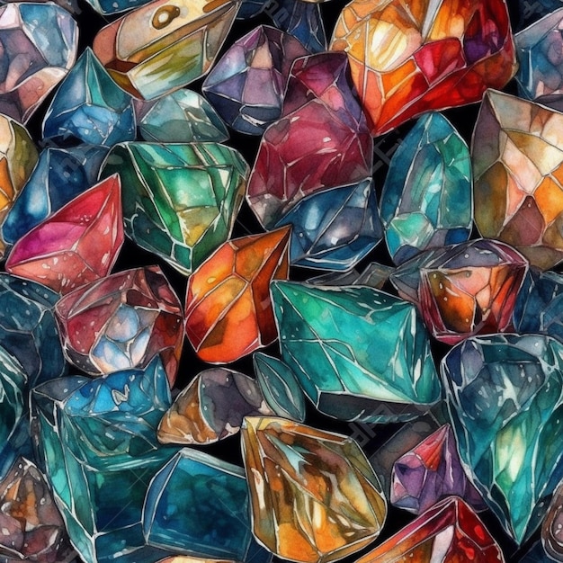 Kolorowy obraz kryształów i klejnotów.