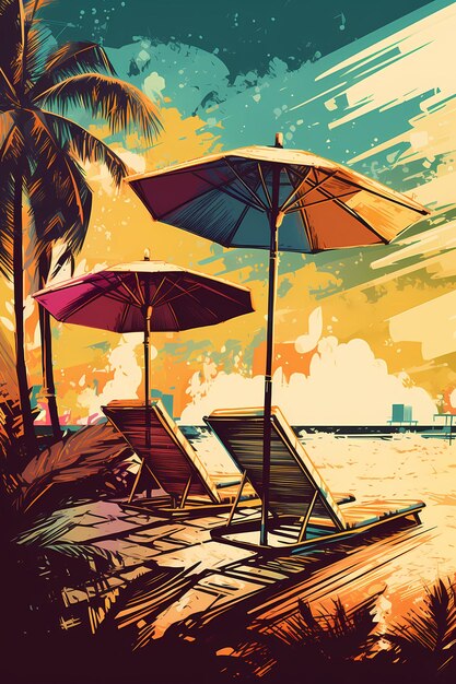 Kolorowy obraz krzesła plażowego z parasolem w tle Generatywna AI