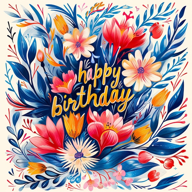 Kolorowy obraz kwiatów i słowa "szczęśliwego urodzin".