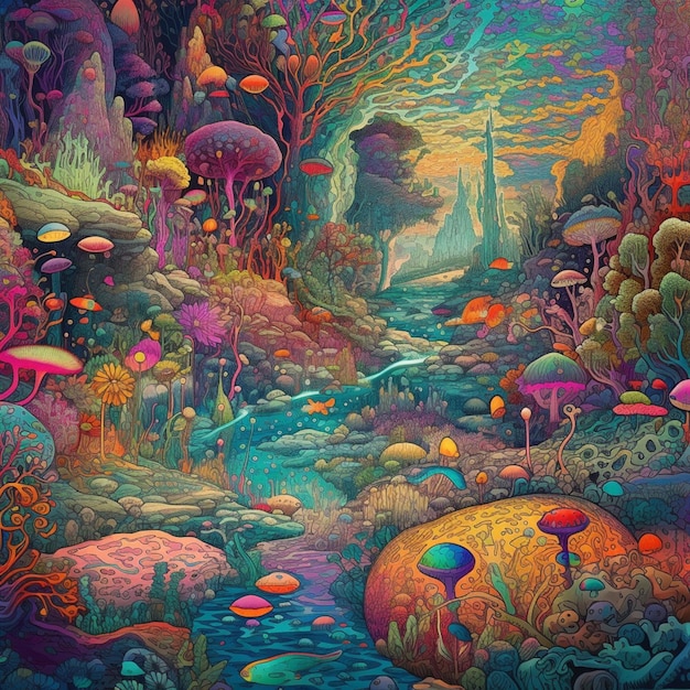 Kolorowy obraz lasu z rzeką i lasu z grzybami.