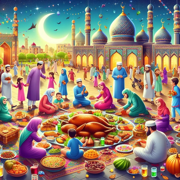 kolorowy obraz ludzi przed meczetem z wieloma ludźmi wokół niego