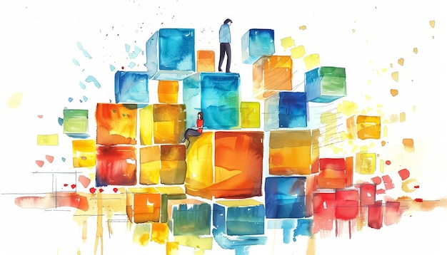 Kolorowy obraz mężczyzny i kobiety stojących na szczycie stosu bloków