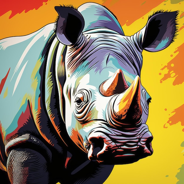 Kolorowy obraz nosorożca w agresywnym stylu pop art